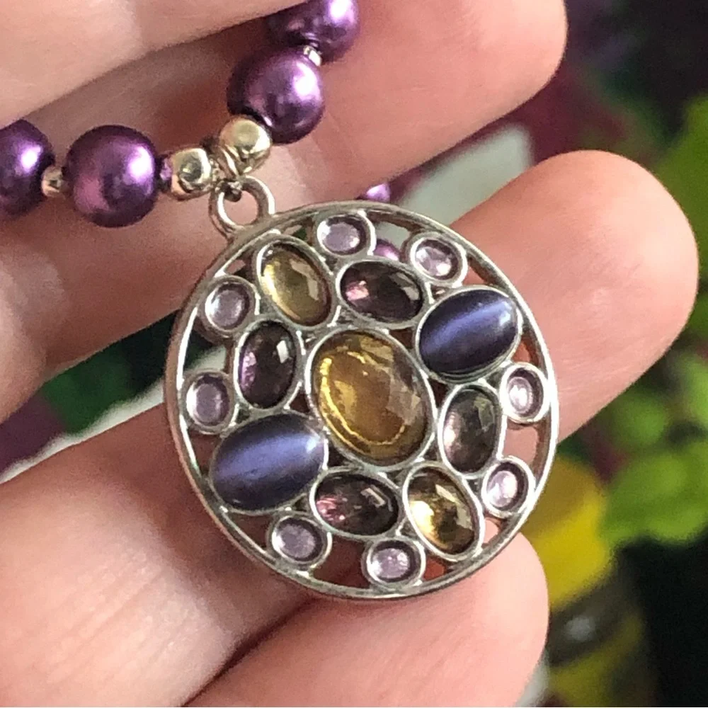 Handcrafted repurpose multi tone stone pendant Czech glass Pearl necklace